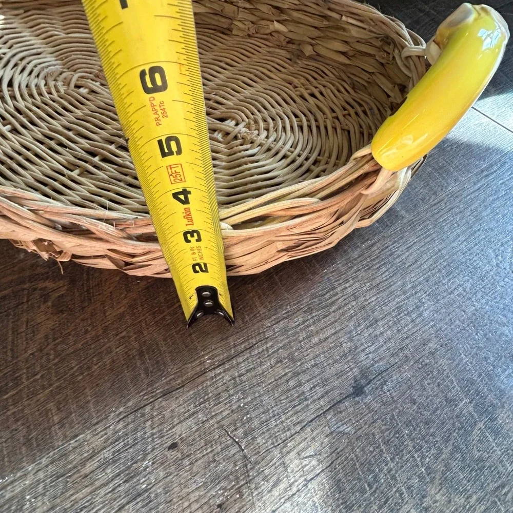 Vintage Wicker Fruit Basket with Ceramic Peeled Banana Handles Oval Tray